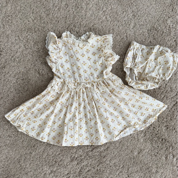 Noralee Other - White & Gold Floral Ruffle Baby Dress with Matching Bloomers
